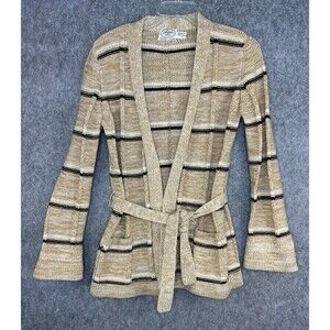 Vtg Tallgirls International Brown Stripe Cardigan Belted Pockets Size Small